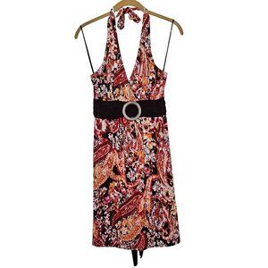 Wrapper Y2k Vintage Halter Neck Paisley Print Dress Belted‎ Waist Burgundy L